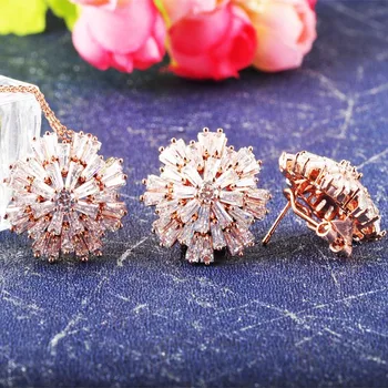 

PLKUET Luxury Anniversary Zircon Jewelry Sets For Women Rose Gold color inlay CZ Pendant Necklace & Earrings Jewelry Sets