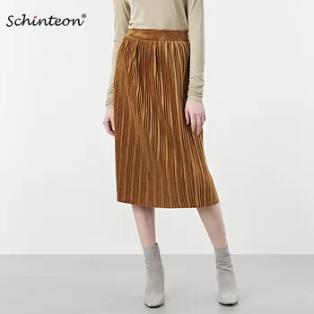 

High Quality 2018 Women Spring Skirt Long Velvet Elastic Waist Pleated Elegant Skirts Camel Black Fast Shipping