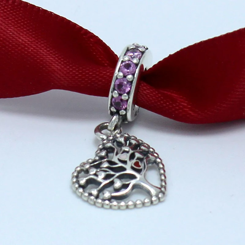 

ROCKART Real 925 Sterling Silver Tree Of Love Dangle Charm With Mixed Enamel & CZ Fits European Bracelets Diy Fine Jewelry