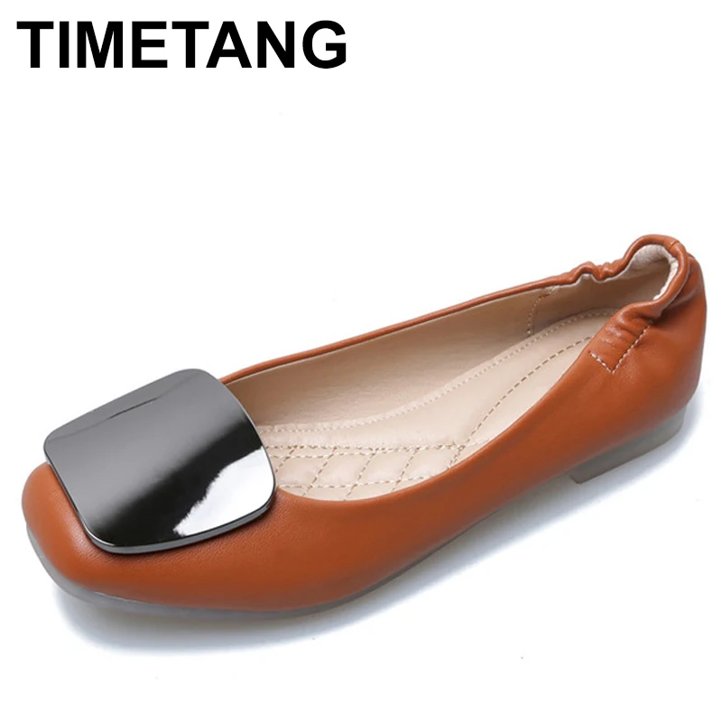 TIMETANG Soft Leather Shoes Women Flats Fashion Design Square toe Comfortable Women's Flats