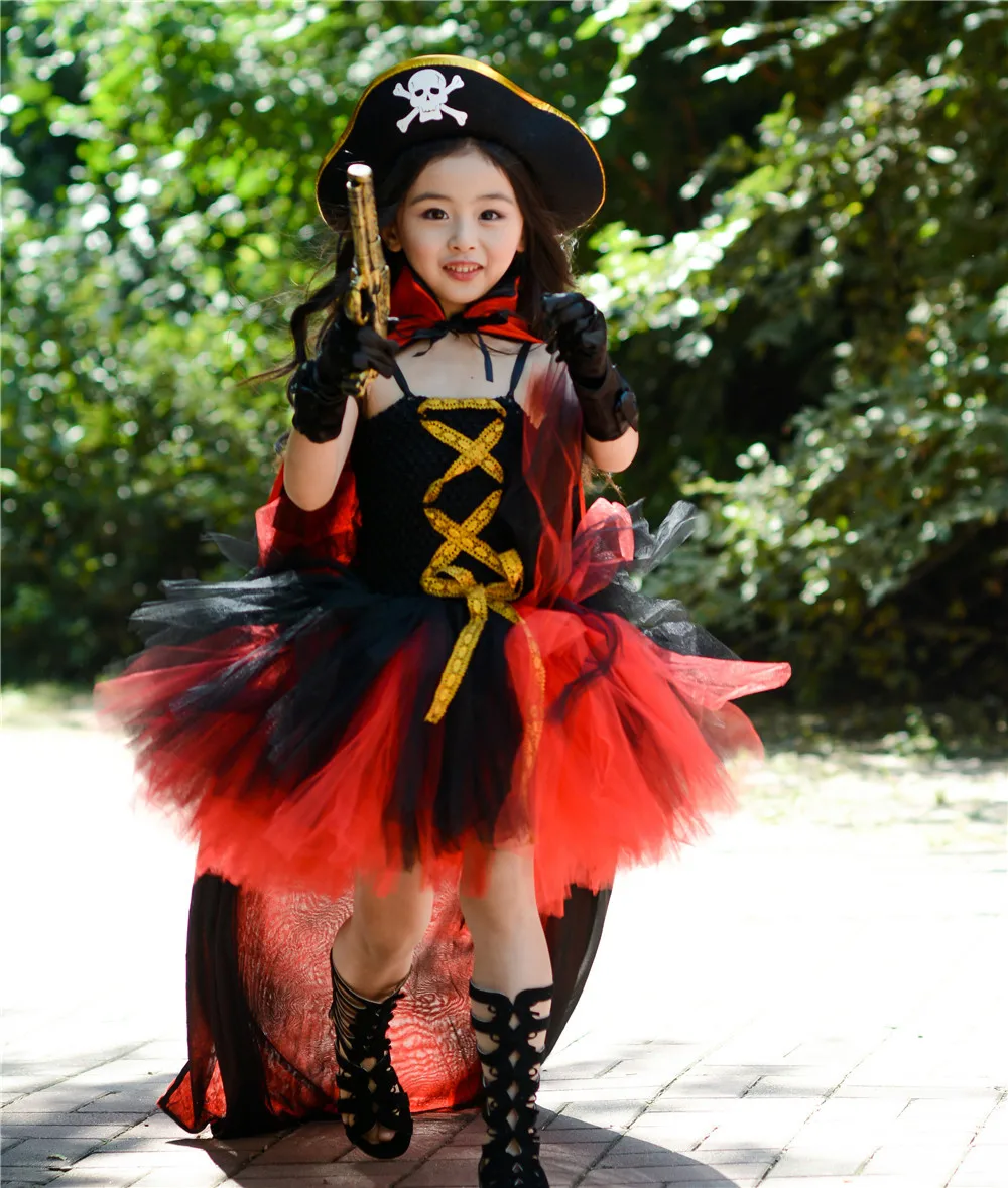 POSH DREAM New Halloween Pirates Kids Girls Costume Costume with Hat Pirates Tutu Dressed Up Black Toddler Girls Cosplay Clothes