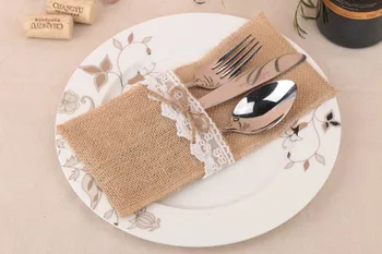 

Natural Burlap Silverware Utensil Holders Pouch for Weddings Reception Jute Knifes Forks Bag Burlap Lace Hessian Cutlery Holder