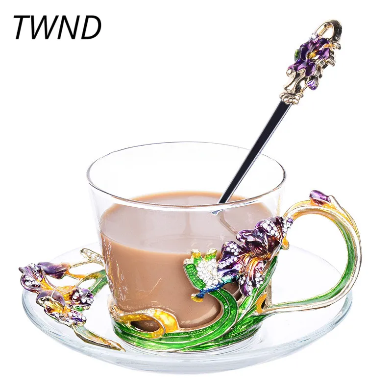 230CC Colored enamel flower coffee mugs glass tea cups with plates