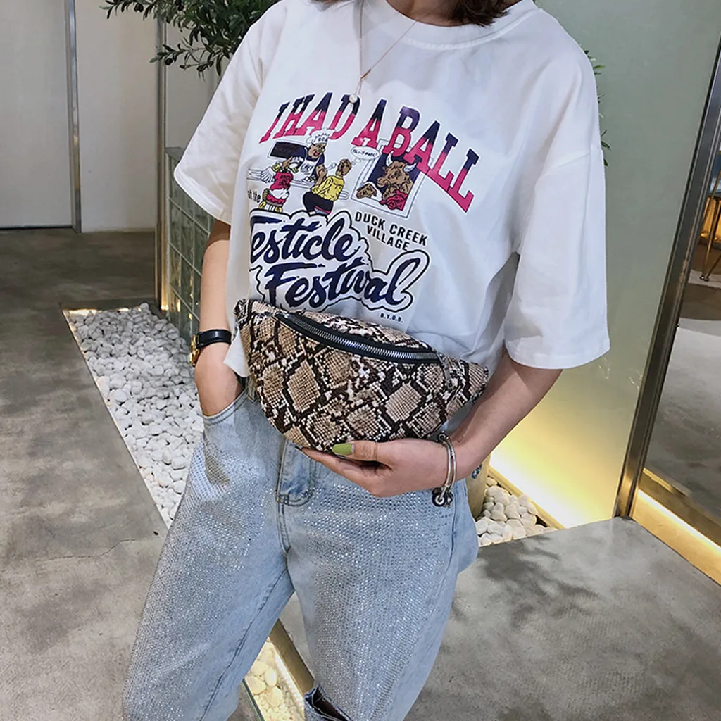 

MUQGEW Waist Bag Serpentine Leather Snake Print Buckle Chain Unisex PU Zipper Bags phone holder Crossbody fanny pack Banana NEW