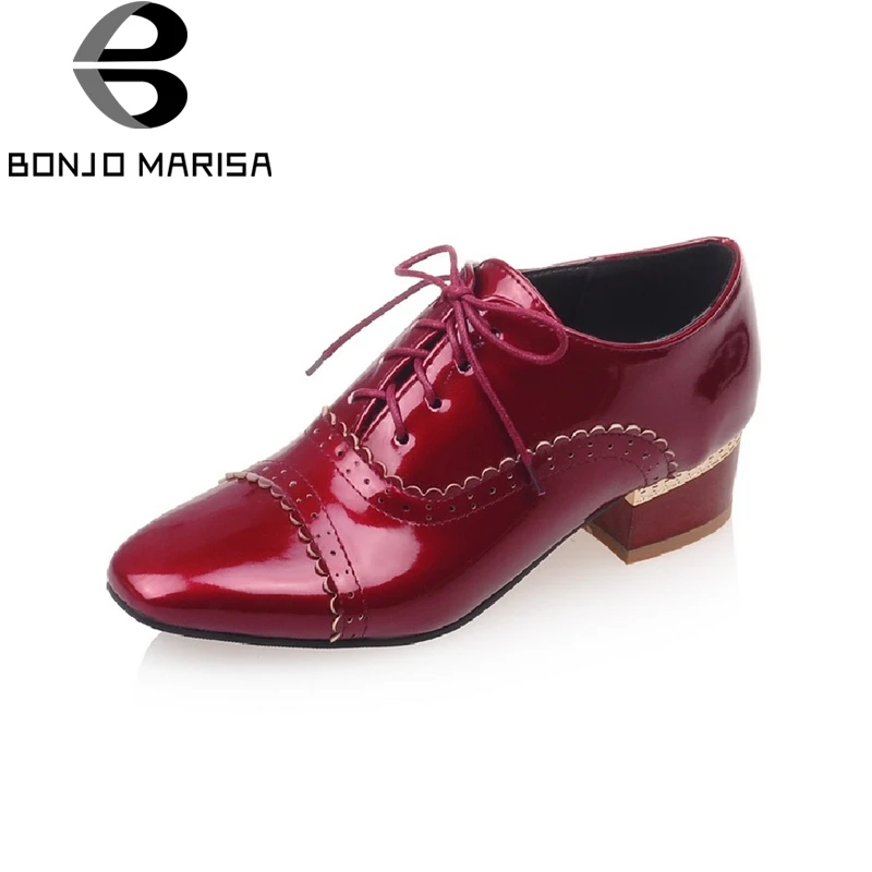 

BONJOMARISA 2017 New Fashion Oxford Square Toe Women Ladies Shoes Big Size 32-46 Lace Up Thick Heels Pumps Flower Trimmed Shoes