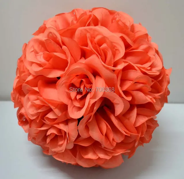 10 pack of 10 coral color artificial kissing rose silk flower ball