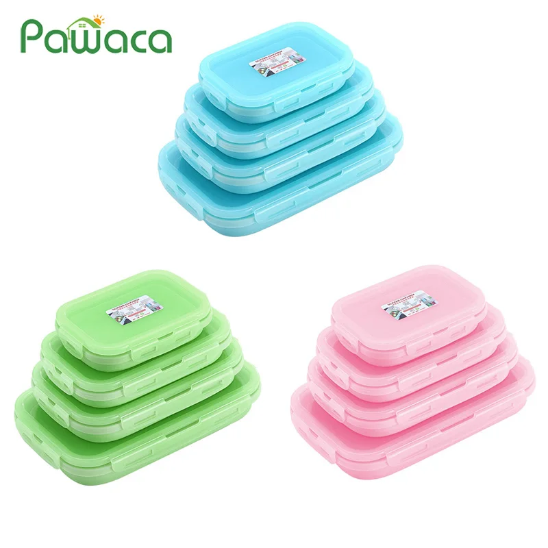 

4pcs Collapsible Lunch Bento Box Silicone Food Storage Container Set with Lid Stackable Space Saving Microwave Fridge Sealed Box