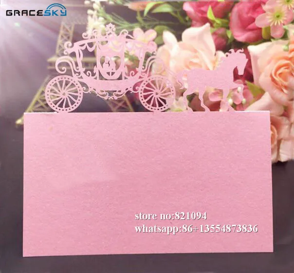 

50Pcs laser cut Paper Seat Name table Cards Wedding Party Invitation Cards prince& princess in carriage for party home supplies