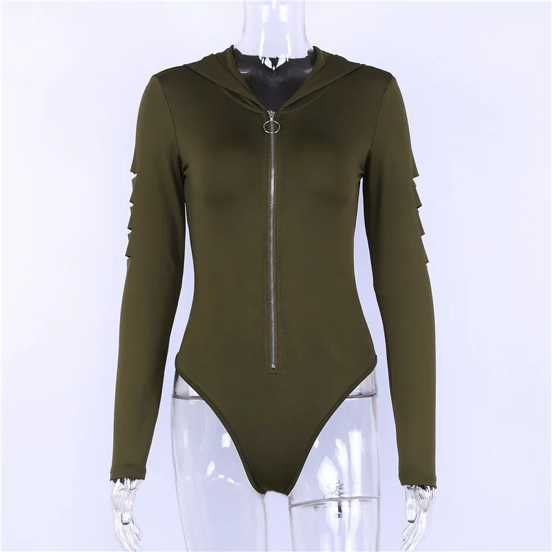 Zipper Front Ribbed Cami Bodysuit hoodie Summer Casual Black White Long