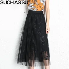 Такие как SU Новые летние плиссированные юбки из тюля женские черные абрикосовые однотонные сетчатые юбки с пайетками с эластичной талией средней длины