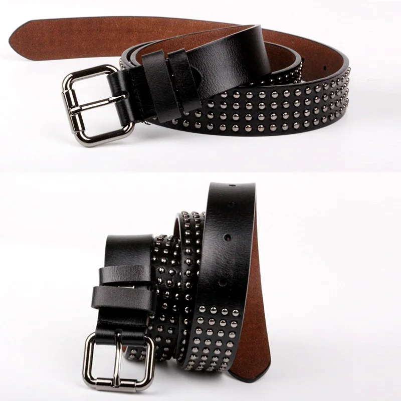 

2018 Punk Style Women Belt Rivet Genuine Cowskin Leather Belt Ladies Men Vintage Cowboy Belts Steel Pin Buckle Waistband