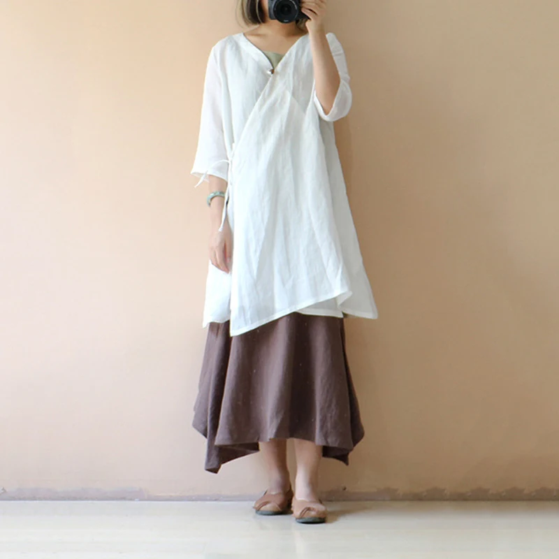 

Johnature Women Chinese Style Shirts Summer 2019 New Ramie Thin Soft Breathable Open Stitch Solid V-Neck Single Button Sweet