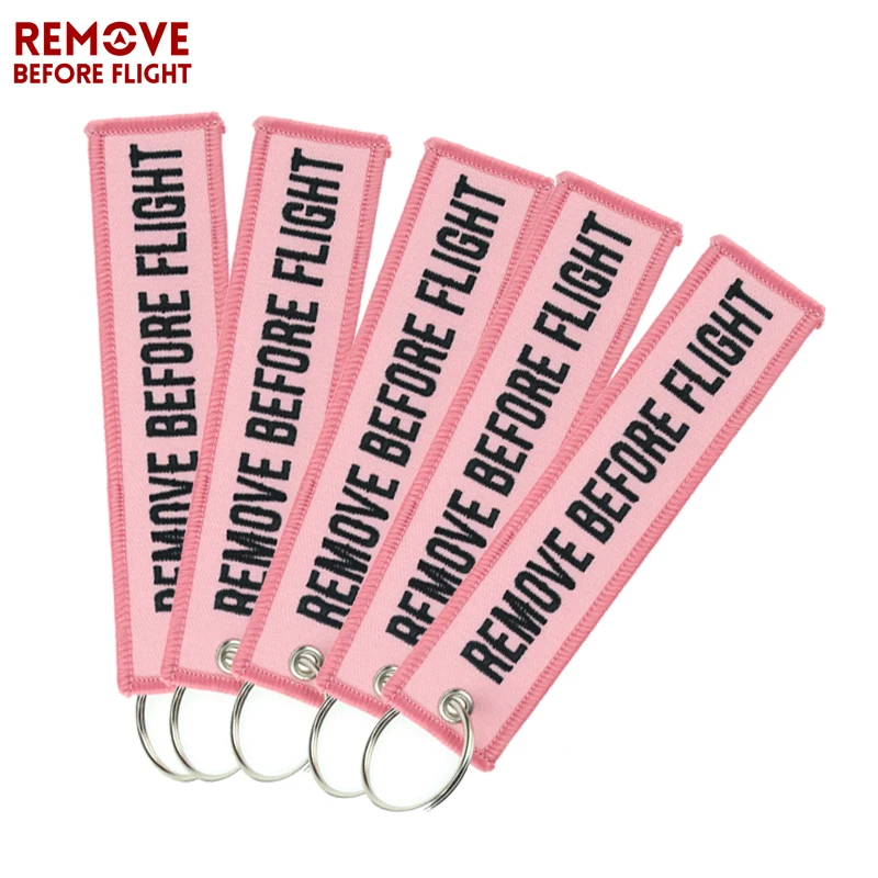 5PCS REMOVE BEFORE FLIGHT Key Chain Safety Tags for Cars Motorcycles Keyring Pink Embroidery Fashion Keychain Key Fob chaveiro