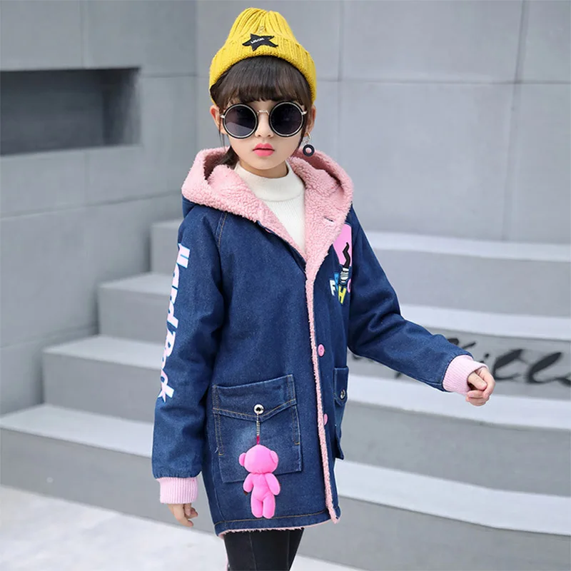 

Autumn winter Teenage girls coat for girls hooded thick cowboy coat for girls windbreaker children bulb jacket kids jean clothes