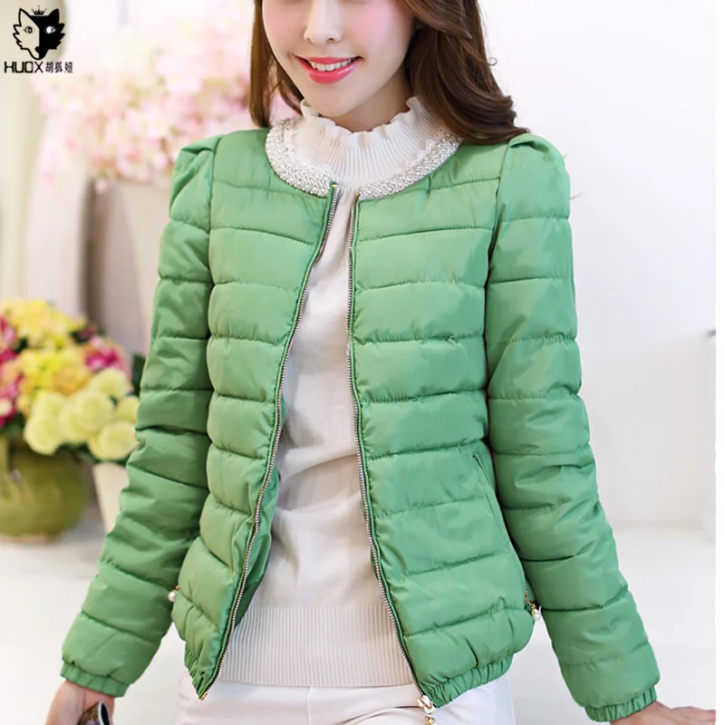 HUOX Cute Lovely Beading O-Neck Overcoat Women 2016 Autumn Short Slim Cotton Padded Jacket Female High Quality Warm Parkas
