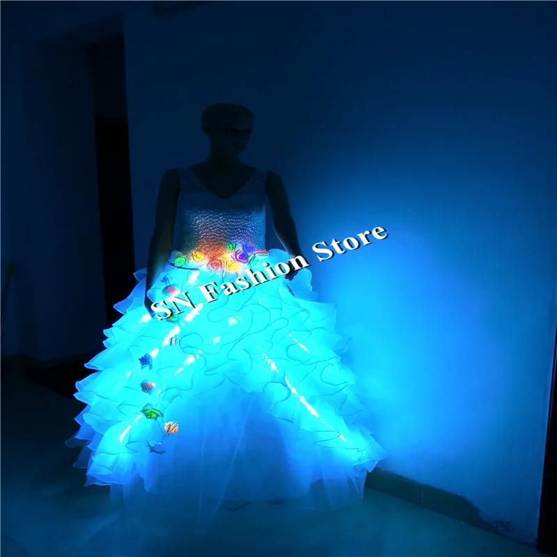 

GG18 Colorful light Ballroom singer dance LED costumes wedding dress party stage wears bride bar dj disco RGB evening clothes