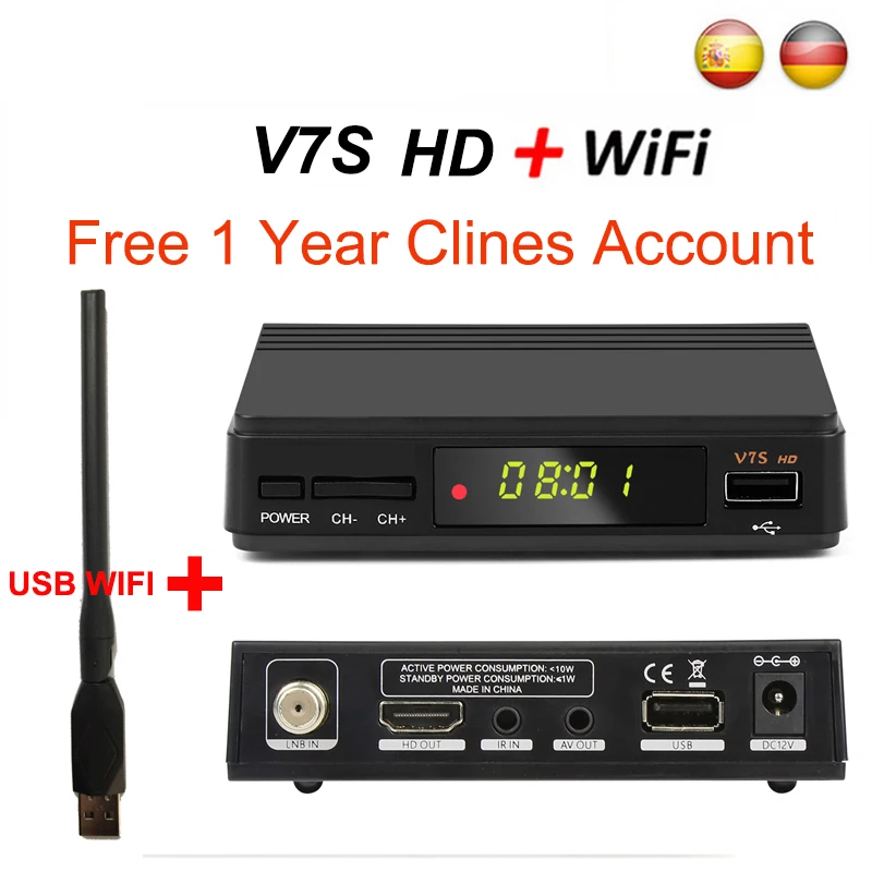 

DVB S2 Satellite TV Receiver decoder V7S HD DVB-S2 +USB Wfi with 1 Year Europe Cline account support Spain HD powervu LNB TV Box