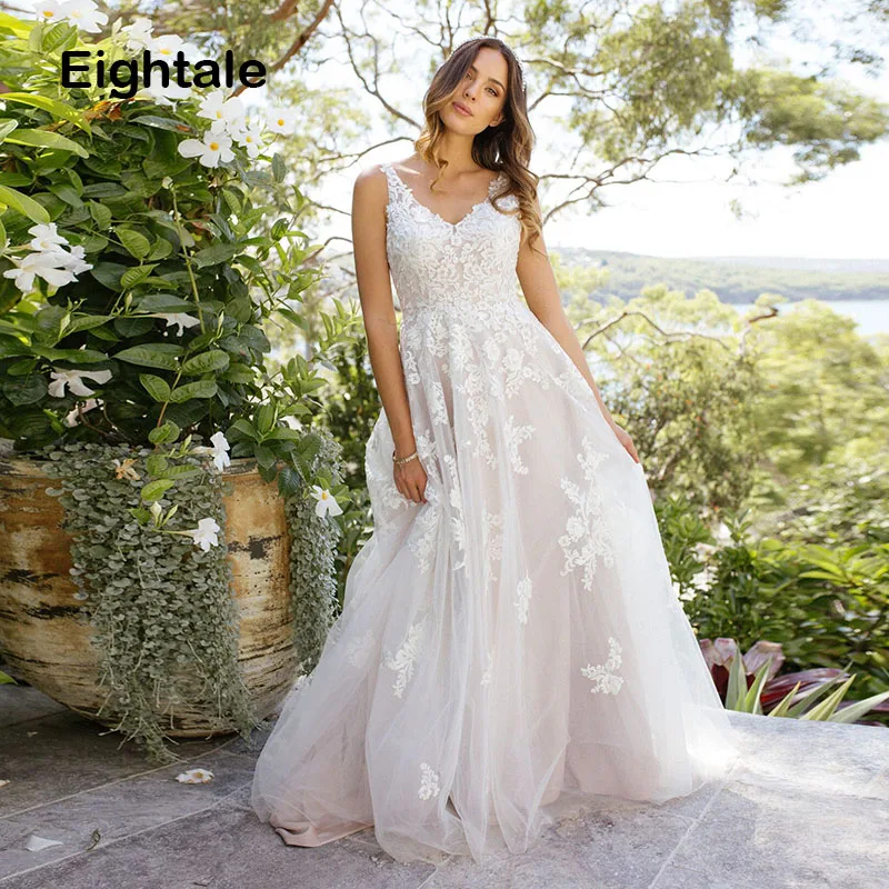 

Eightale Boho Wedding Dresses Lace Appliques Bohemian V-Neck A-Line Backless Princess Wedding Gowns Vintage Bride Dress 2019