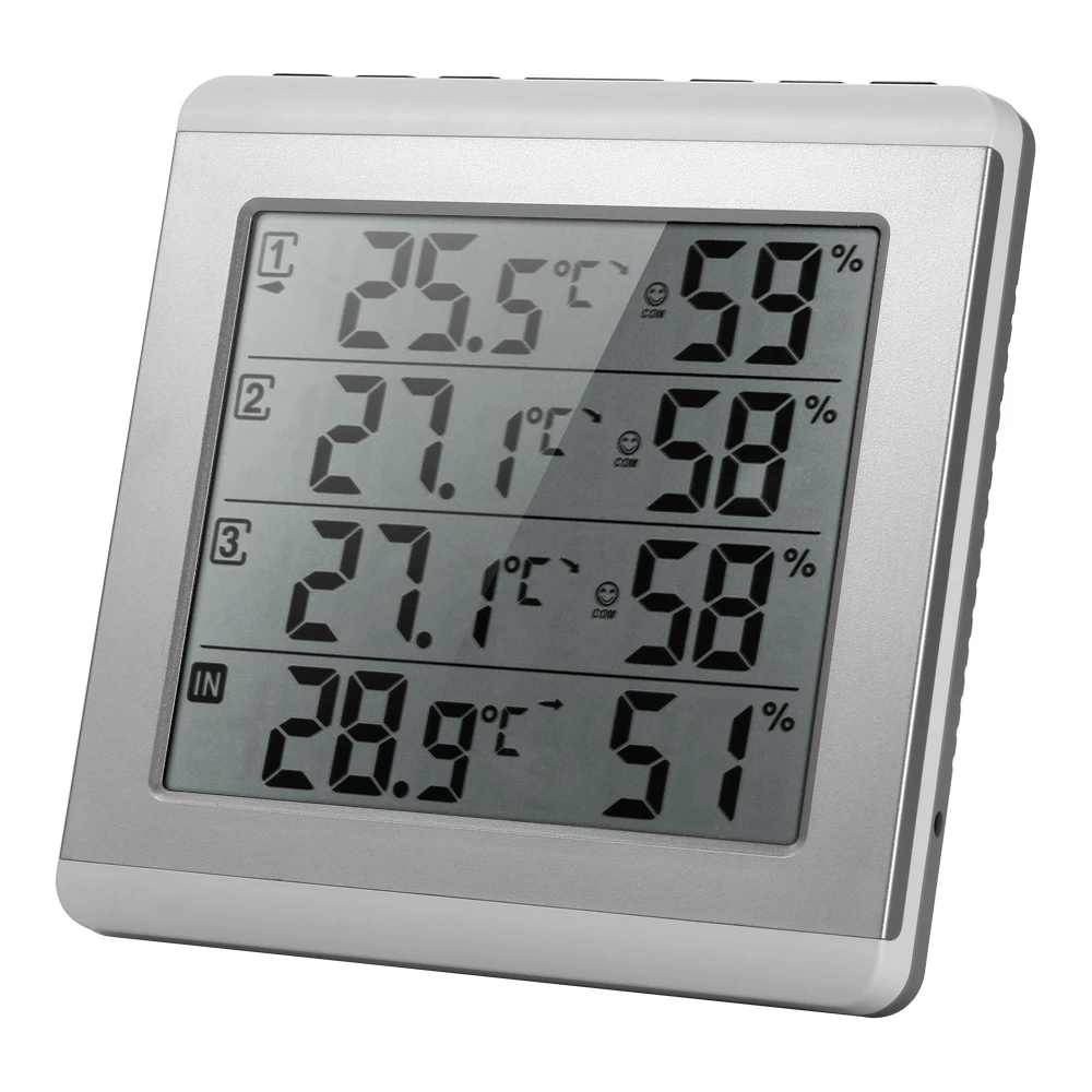 

Digital Indoor/Outdoor Thermometer Hygrometer Four-channel Temperature Humidity Meter with 3 Outdoor Transmitter Comfort Level