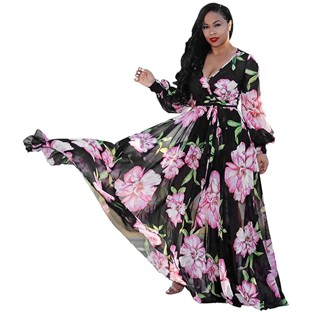 

JAYCOSIN Plus Dresses Size 2xl Dresses Ladies Chiffon Fit And Flare Print Long Sleeve Floor-Length Summer Beach Boho Vestido