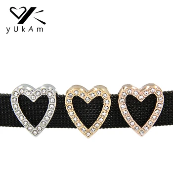 

YUKAM Crystal Rhinestones Pave Hollow Heart Slide Charms Keeper for Stainless Steel Mesh Bracelet DIY Jewelry Accessories Making