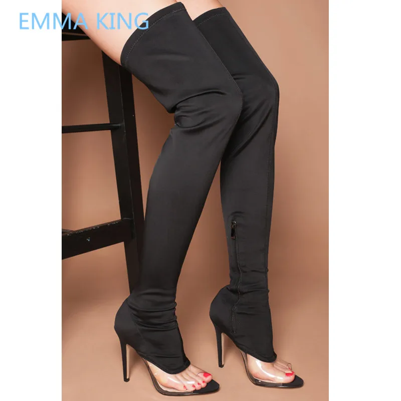 

2019 New Black Stretch Women Over The Knee Socks Boots PVC Clear Open Toe Sexy High Heels Shoes Woman Thigh High Gladiator Boots