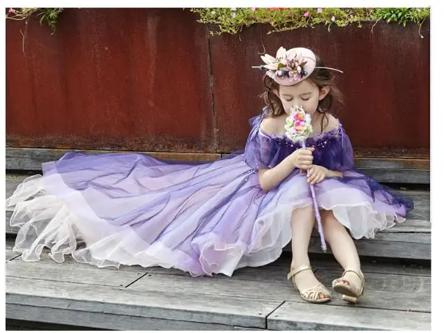 

Girls Wedding Formal Dresses 2018 Off-Shoulder Tailing Catwalk Gauze Flowers Girls Princess Dress Kids Long Party Dress Purple