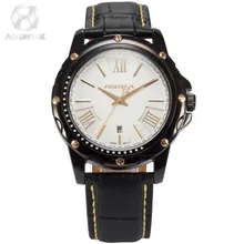 AGENTX Luxury Brand Mens Wristwatch Auto Date Display White Gold Dial Analog Leather Band Clock Men Quartz Casual Watch / AGX117