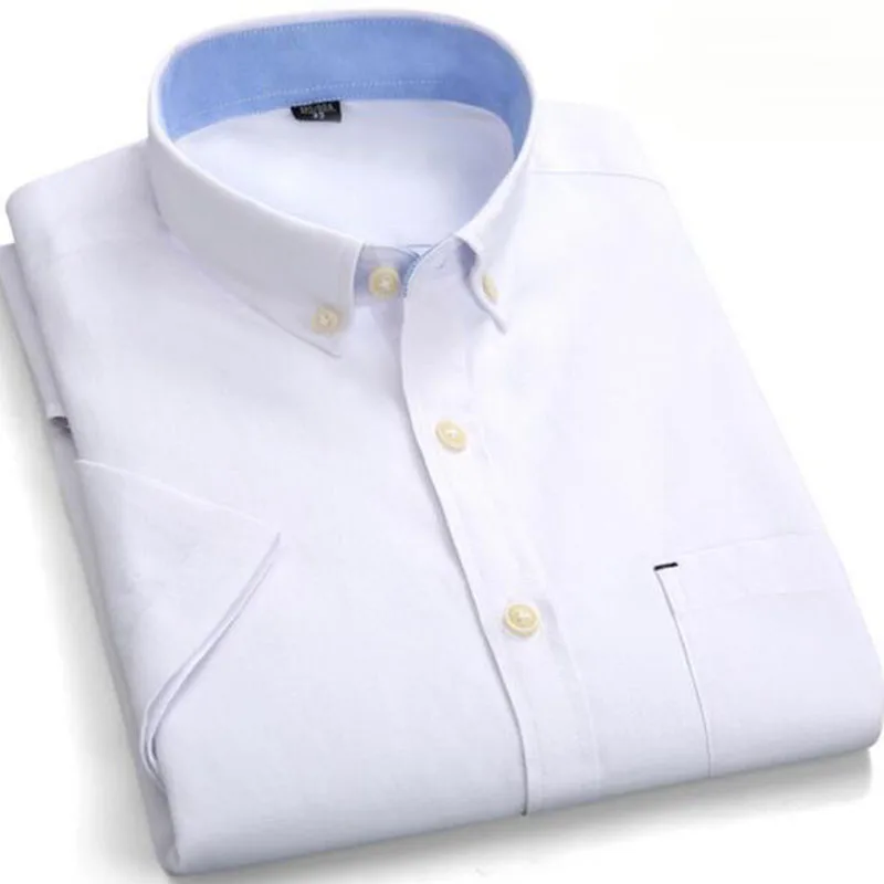 Летние модные мужские оксфордские рубашки с коротким рукавом из чистого хлопка, дышащие однотонные дышащие рубашки карамельного цвета Camisa - Цвет: white