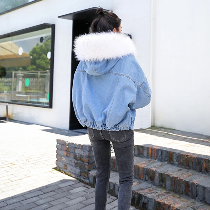 Greatest  Winter Fur Denim Jacket Women Fashion Faux Rabbit Fur Blue Jeans Jacket Coat with Warm Lining Femal