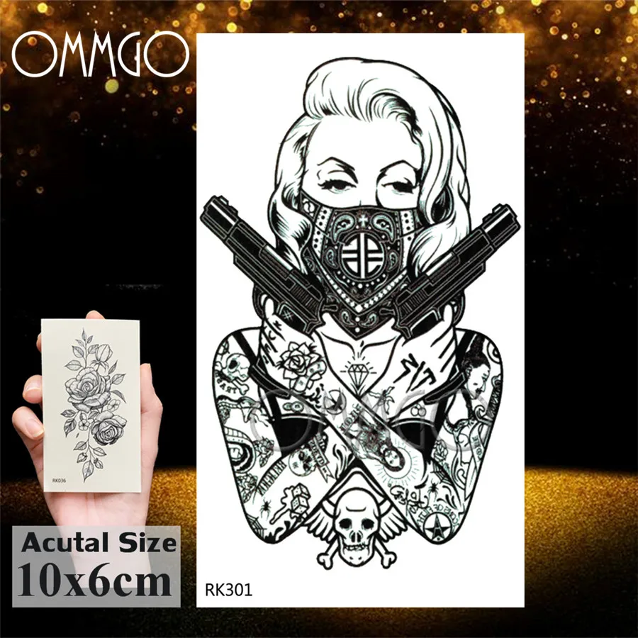 OMMGO панк гангстерское оружие черная временная татуировка наклейка Сексуальная поддельная Татуировка любовь грабитель Пользовательские татуировки для женщин девушек боди-арт