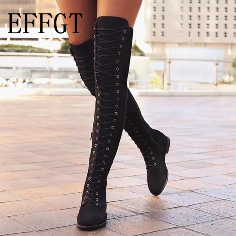

EFFGT NEW Over the knee long boots women autumn winter sexy black thigh high boots fashion lace up ladies shoes size 35-43 A221