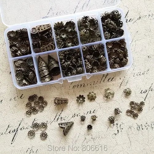 

( Vintage Bronze - Bead Caps ) 1200Pcs/Set Mix 10 Styles Antique Bronze Bead Cap & Box Jewelry Findings& Accessories