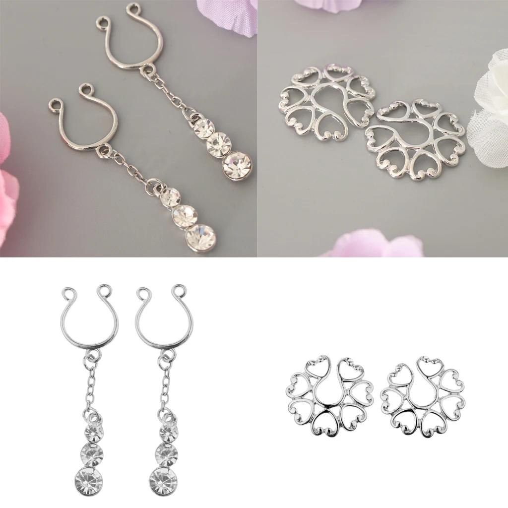 MagiDeal 4Pcs Crystal Stainless Ring Non-piercing Fake Nipple Ring Clip On Adjustable Body Jewelry