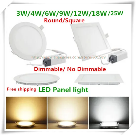 

Wholesale 30PCS Dimmable Led Panel Light 3W 4W 6W 9W 12W 15W 18W 25W Round Square LED panel Shape With Power Adapter