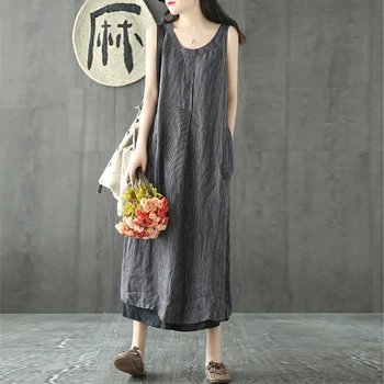 

ZANZEA Summer Women Striped Dress O Neck Sleeveless Solid Casual Loose Party Pockets Cotton Linen Tank Vestidos Plus Size 5XL