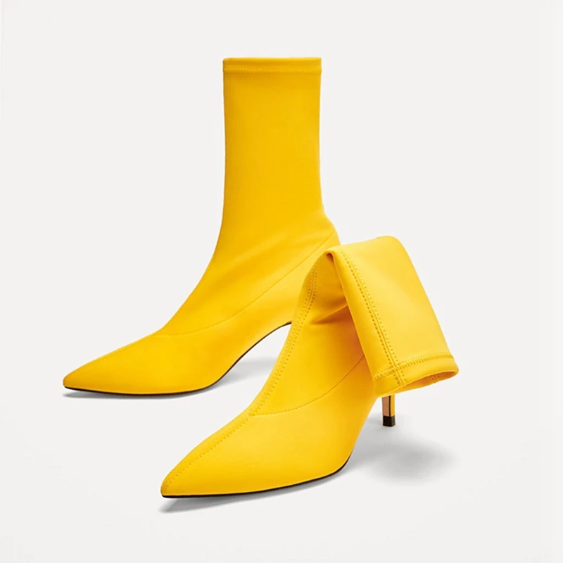 Осенние женские сапоги-носки; ботильоны с острым носком на высоком каблуке 6,5 см без застежки из эластичной ткани; женские туфли-лодочки; женская обувь на шпильке - Цвет: Цвет: желтый