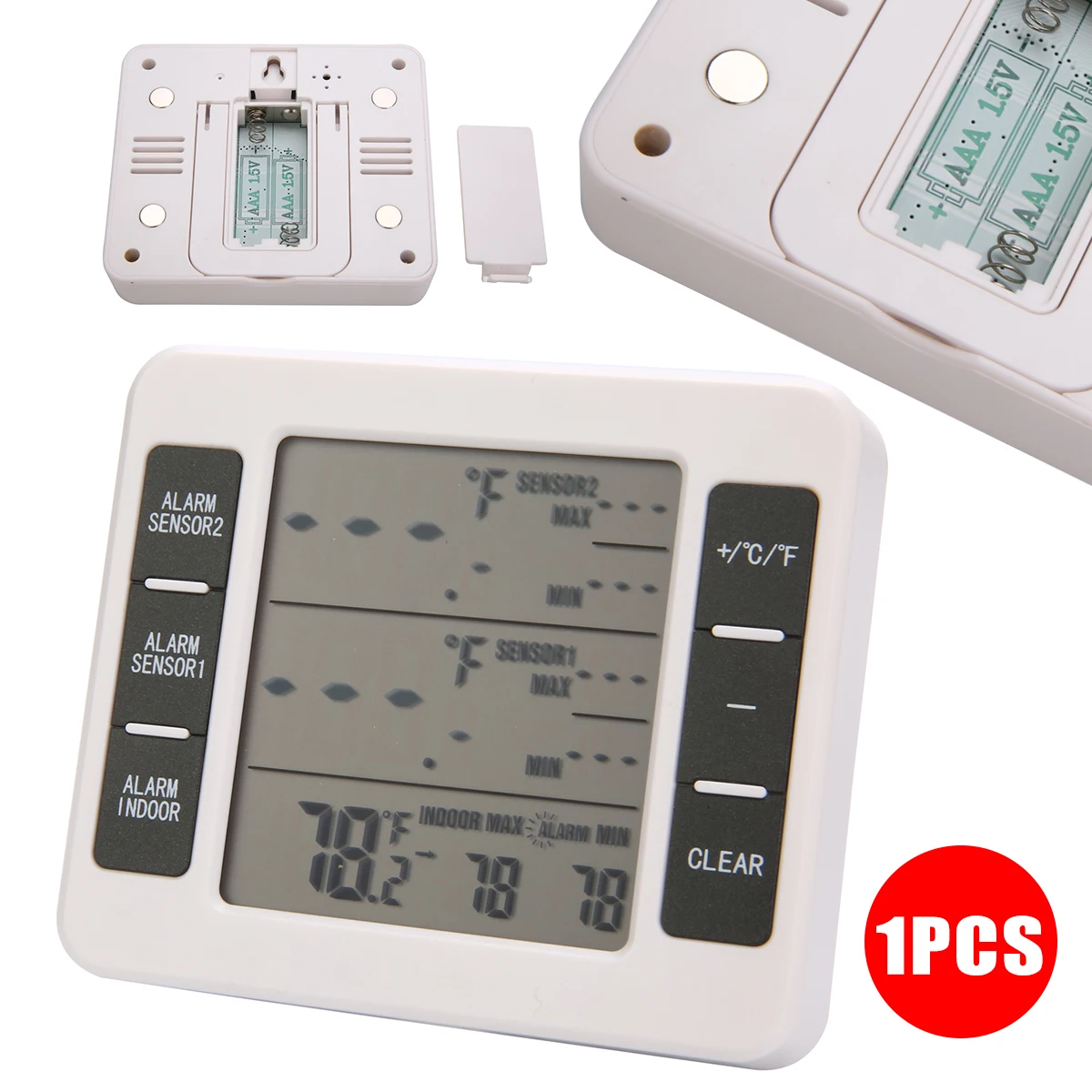 Digital Refrigerator Thermometer LCD Thermometer Temp Humidity Meter Indoor Outdoor Hygrometer With 2 Wireless Transmitter