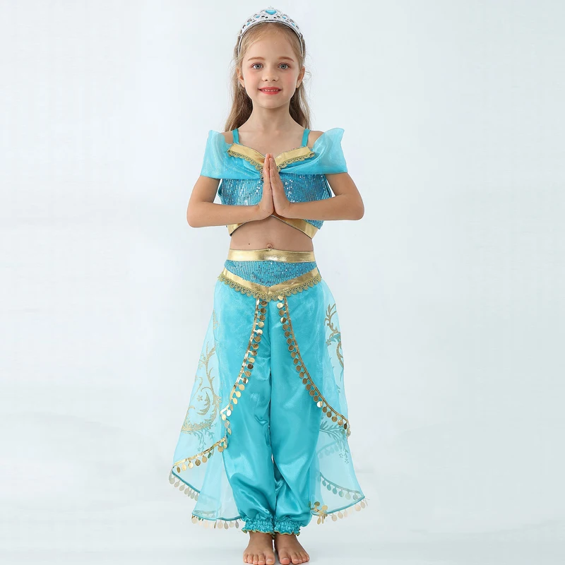 Детское летнее танцевальное платье принцессы жасмин для девочек, костюм, костюм Аладдина на Хэллоуин, Рождество, представление, топ, юбка, штаны, комплект из двух предметов