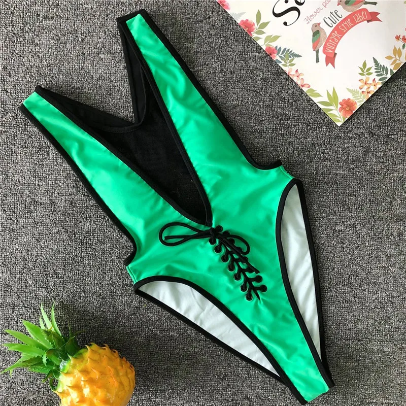 Bikinx Сетчатое экстремальное бикини, новинка, сексуальный купальник на шнуровке, цельный пуш-ап купальник с высокой посадкой, женский купальник, микро бикини - Цвет: Зеленый