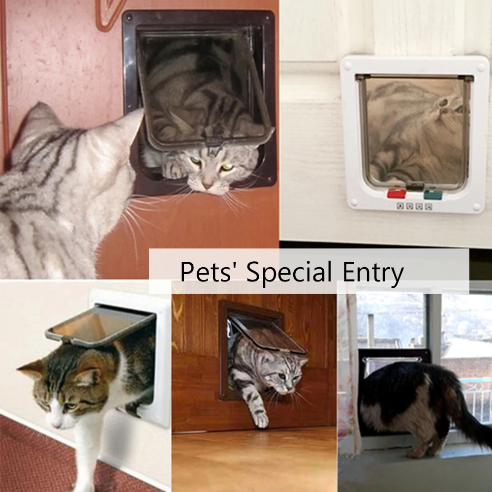 4 Way Lockable Cat Door Security Flap Door ABS Plastic S/M/L Animal Small Pets Puppy Cats Dogs Gate Door for Pets Supplies