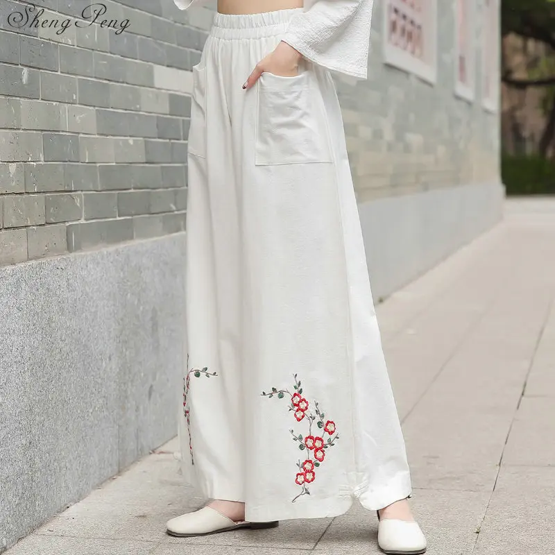Для женщин Китайская традиционная вышивка брюки для девочек широкие брюки белье с эластичным поясом повседневное longTrousers V1455