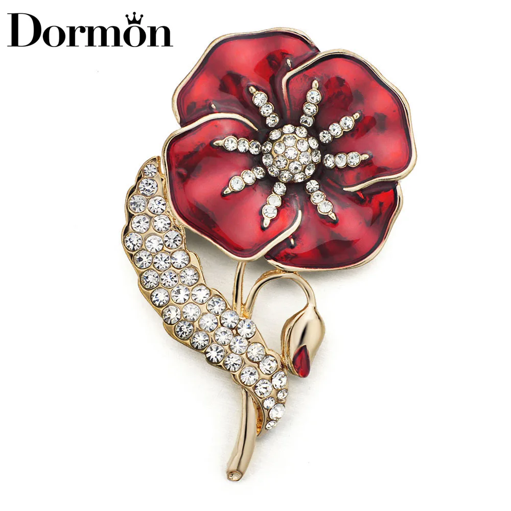 

DORMON New Fashion Red Flower Brooch Pins Fancy Metal Crystal Enamel Brooches For Women Vintage Jewelry DZ023