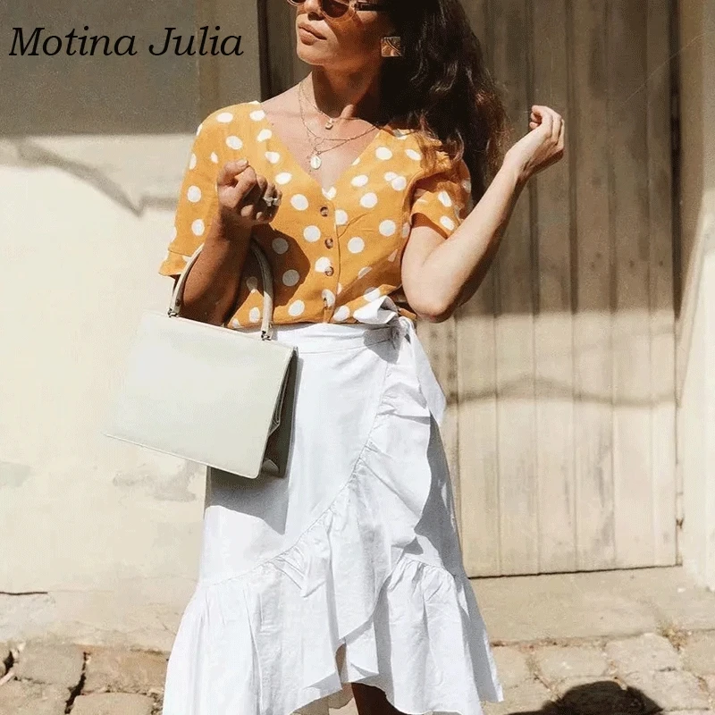 Женская блузка Motina Julia летняя в горошек на пуговицах спереди 2019| |