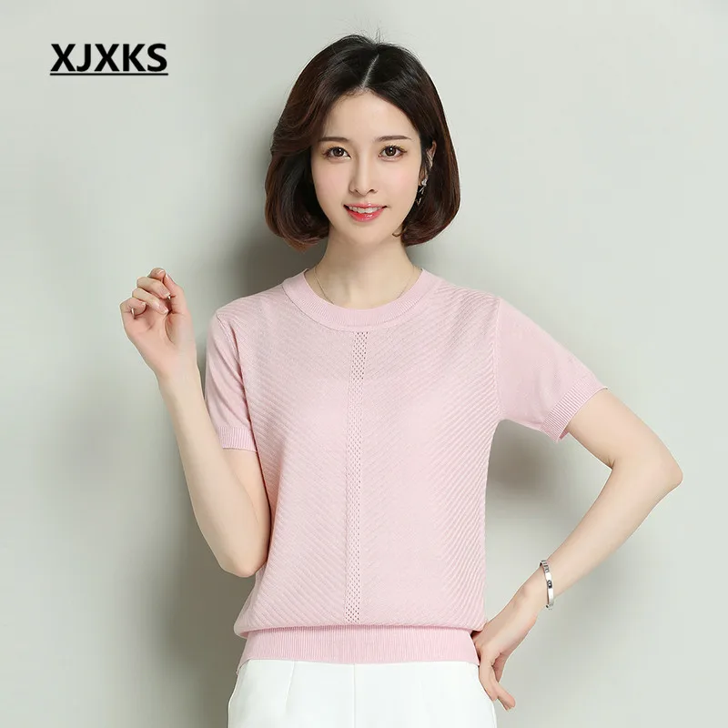 

XJXKS t shirt 2018 New Summer Round Neck Short Sleeve Hollow Casual Comfort High Quality Fabric T-shirts for women