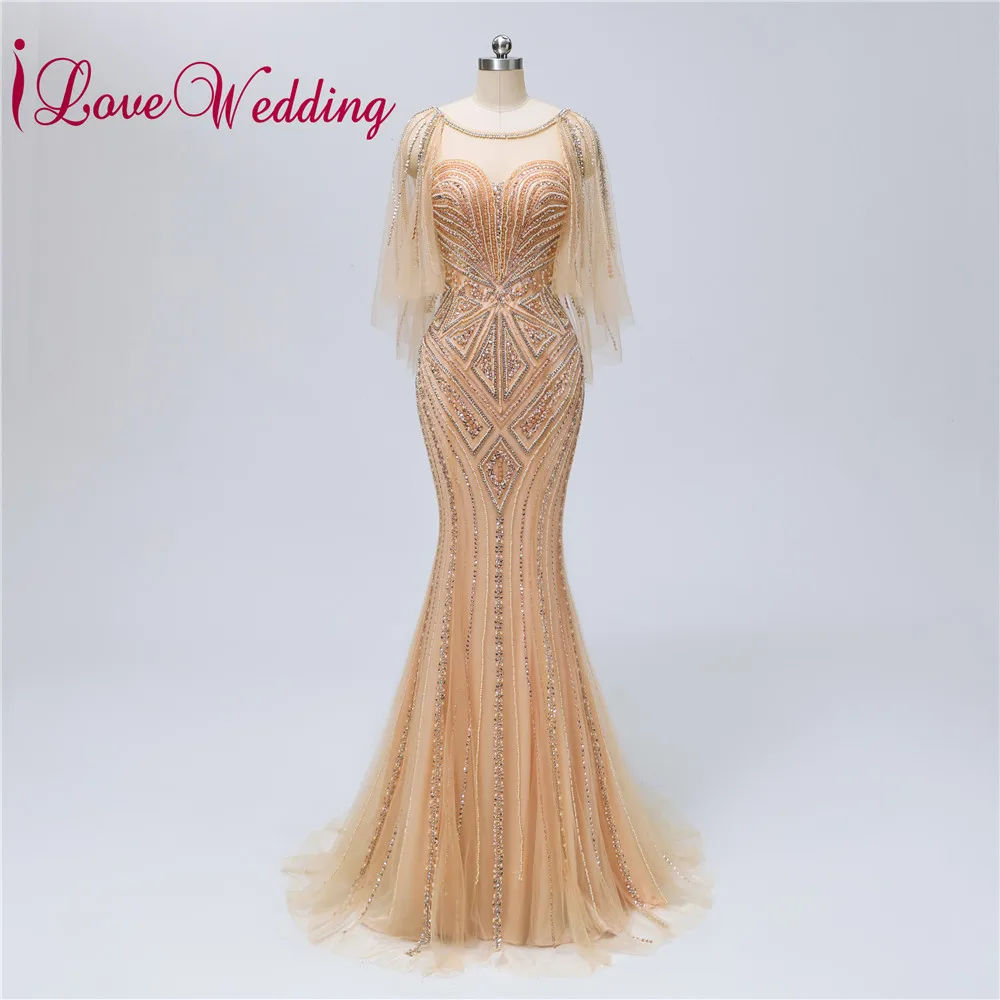 Vestido de festa longo Scoop Collar Gold Heavy Beadings Tulle V Back Fishtail Formal Evening Dresses Long Real Photo