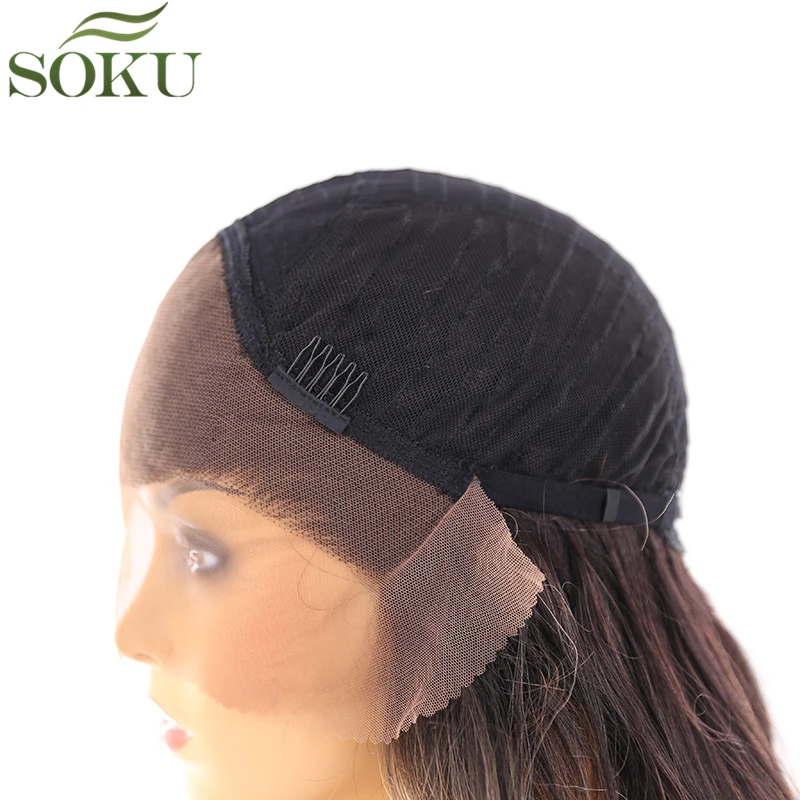 SOKU синтетический свободный часть 13*4 парики на кружеве 26 дюймов прямой парик 150% Плотность Темно-корень коричневый блонд цвет парик для женщин