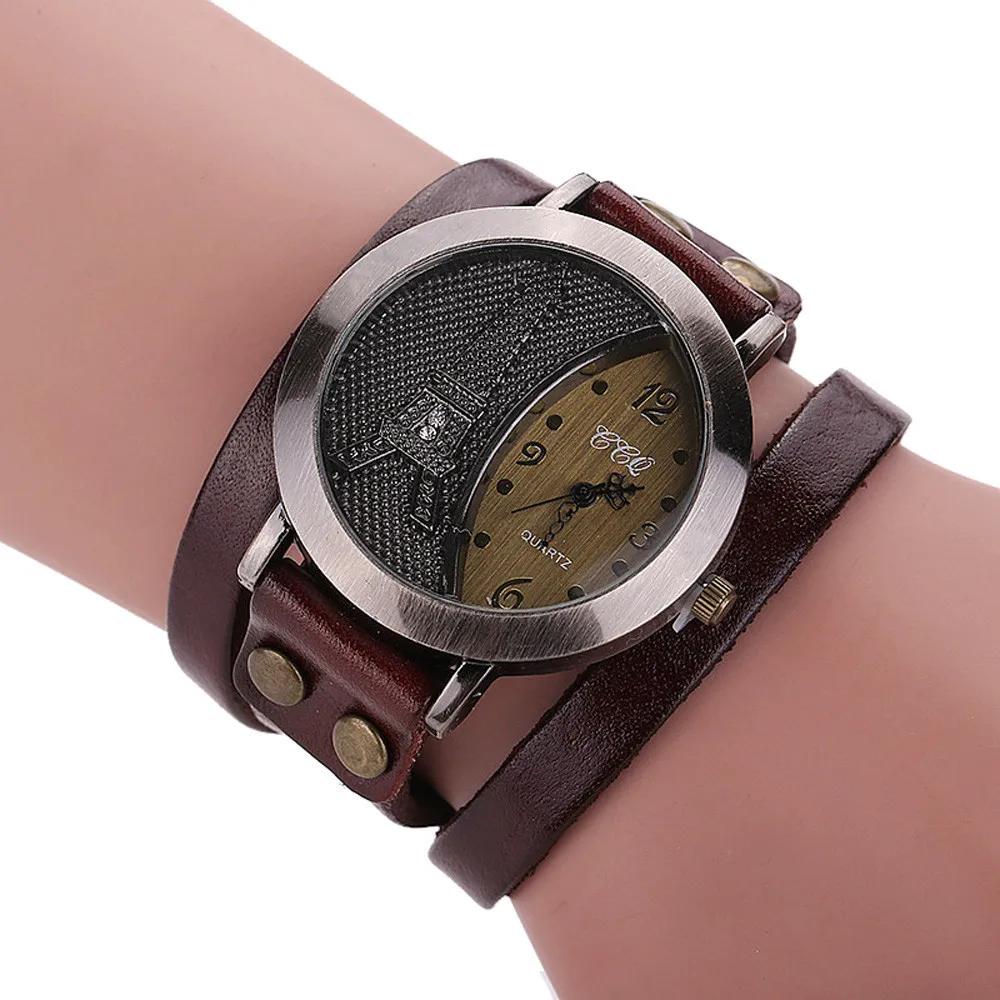 Новые модные женские винтажные часы башня из натуральной кожи браслет Часы повседневные женские наручные часы кварцевые наручные часы