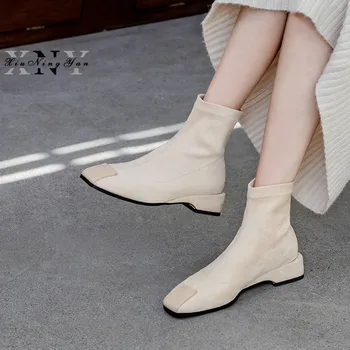 

Women's Boots Flock Women Ankle Boots Low Heel Ladies Stretch Boots Cow Leather Comfortable Shoes Woman Chelsea Boots Size 33-40