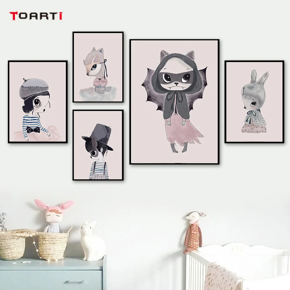 Aestheticism Cartoon Wall Art Animals Girl Pink Canvas Painting Vintage Posters&Prints Girls Bedroom Nursery Home Decor Pictures (1)
